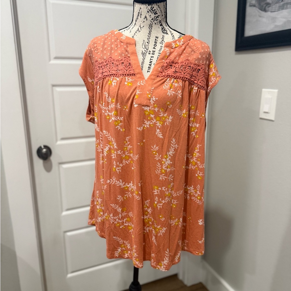 Daniel Rainn Orange Floral Crochet-Yoke Blouse